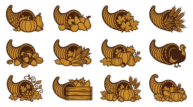 A detailed thanksgiving icon set vector bundle featuring various cornucopia illustrations filled with seasonal autumn harvest fruits and vegetables for holidays