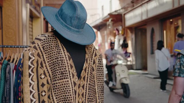 A patterned jacket and denim hat displayed on a mannequin in a Moroccan market. Tourists walk through the market. Marrakech Medina.