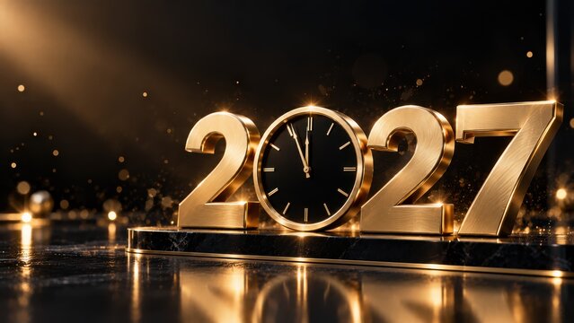Golden 2027 lettering with central clock face on reflective dark stage