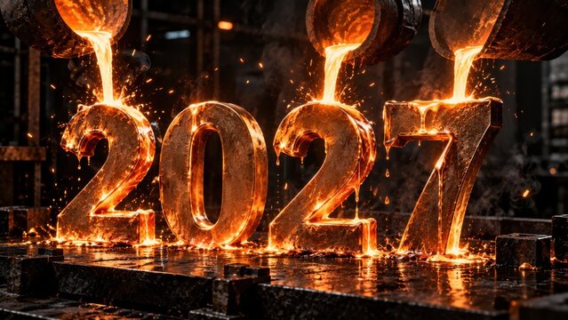 Molten liquid gold pouring into 2027 metal molds in industrial foundry