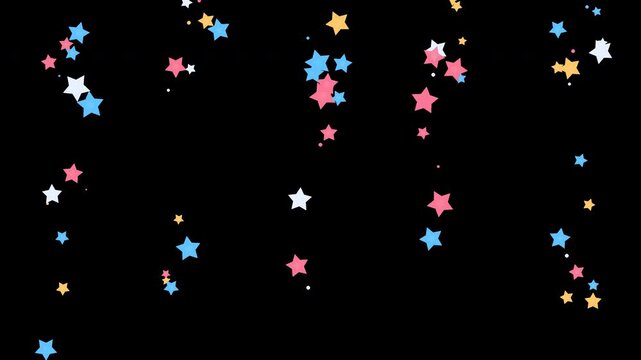 複数の場所から色とりどりの星形が噴き上がる祝典向け全画面透過モーショングラフィックス映像