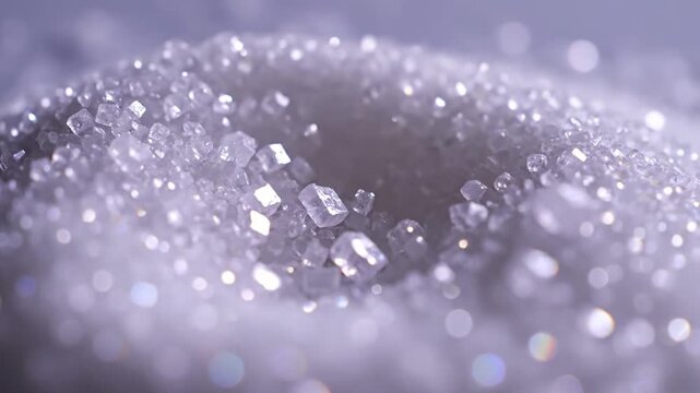 Close-up of sparkling sugar crystals with soft focus bokeh effect, dreamy and luxurious texture