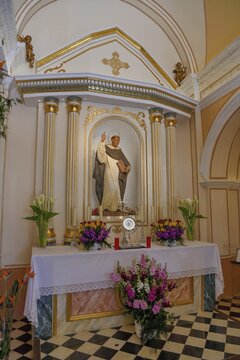 Figure of San Vicente above the altar of the Ermita de San Vicent chapel in Cautivador or Captivador, La Nuc&iacute;a municipality, Alicante province, Valencia region, Costa Blanca, Spain