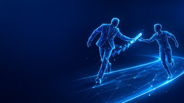 Two business people passing a digital neon baton in a conceptual relay race. boss's day with success transition business strategy glowing figures corporate teamwork. boss's day
