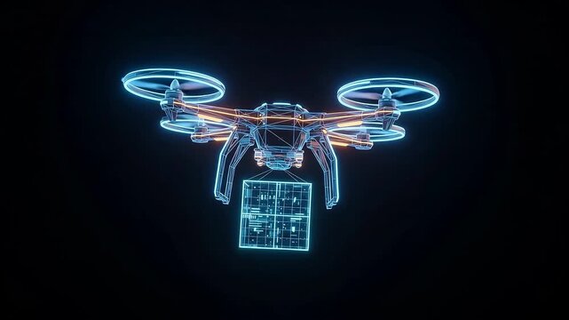 Wireframe Drone Delivering Digital Data Package in Cyberspace