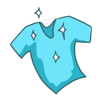 Hand drawn blue t-shirt icon with sparkle effects on white background