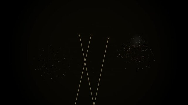 Abstract digital fireworks display with glowing yellow light trails and particles