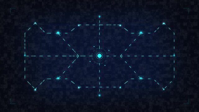 Futuristic hud interface, digital scanning and targeting system, blue glowing elements on dark glitch background