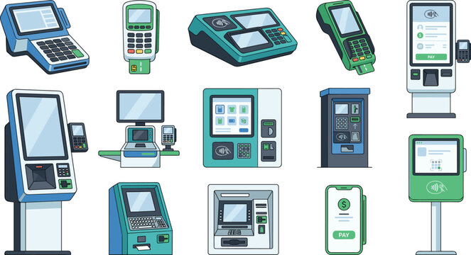 POS Terminal and Self Service Kiosk Icon Set with ATM, Credit Card Payment Devices, and Vending Machines for Business and Retail Graphic Designs