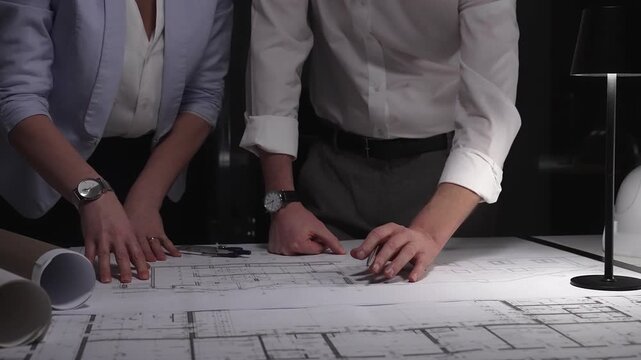 Architects and engineers collaborating on blueprint plans, working together on an architecture project layout design late at night.