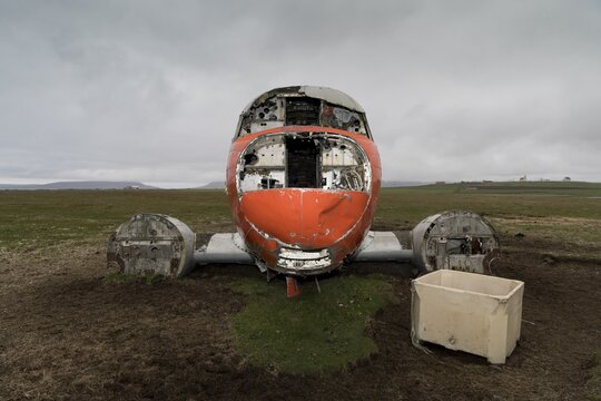 Emergency-landed American Air Force transport aircraft Douglas R4D-6 41-50187, now a shelter for sheep, near P&oacute;rsh&ouml;fn, Sau&eth;anes, Langanes Peninsula, Iceland