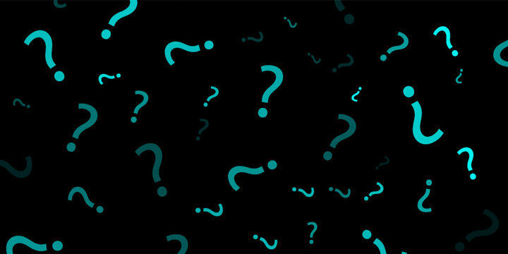 Teal question mark pattern background on black. Abstract vector illustration of frequent asked questions, confusion, problem solving, and support concept design.