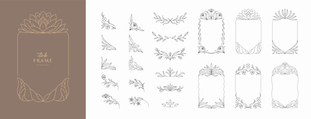 Obraz premium Frame constructor of boho floral design elements. Delicate botanical branch in arcs form with flowers and leaves, intricate hand drawn details. Botanical
