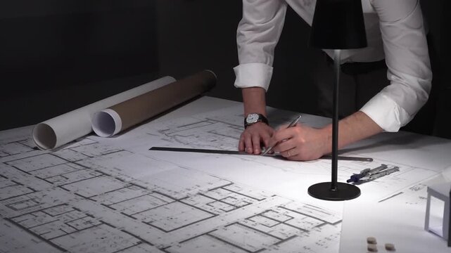 Architect developing blueprint for construction project, drafting building plan using ruler on desk with safety hard hat. Business and architect people concept