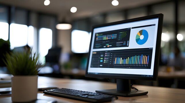 Modern office workspace featuring a computer monitor displaying colorful data charts and graphs on a wooden desk with a potted plant nearby