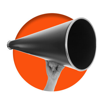 A hand grips a black megaphone. The megaphone is the main focus, standing out against a transparent background and an orange circle. This setup draws attention to the object.