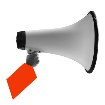 A hand is holding a megaphone. The hand is wearing an orange sleeve. The background is completely transparent. This scene shows a clear view of the megaphone and the hand.