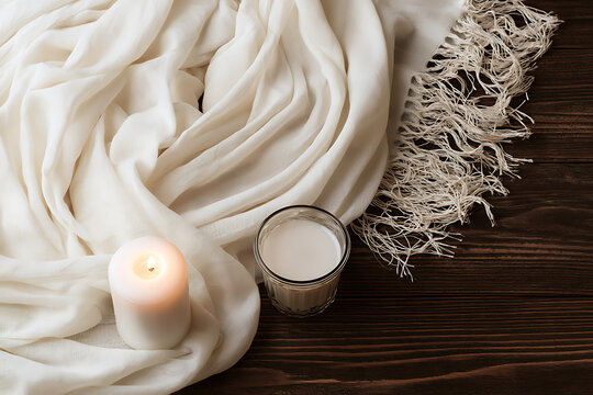 Yom Kippur candle and scarf on a wooden surface during the evening of the sacred day of atonement