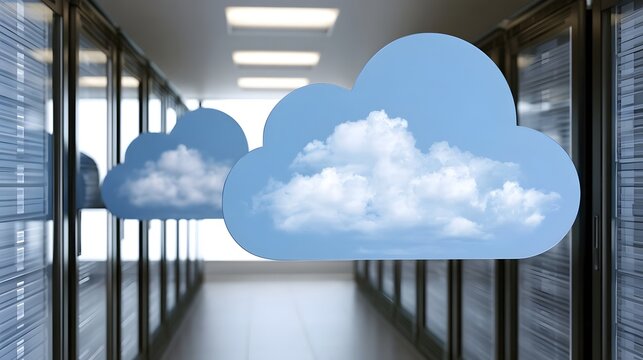A hallway of server racks with large cloud icons floating above  symbolizing cloud computing infrastructure in a modern data center