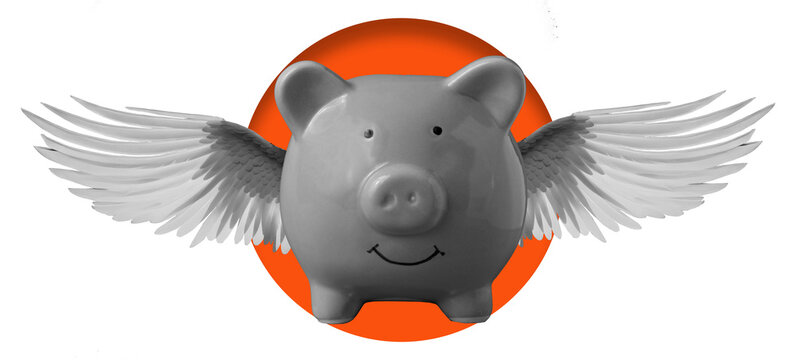 A piggy bank with wings is displayed against a transparent background. It has a smiling expression, and the wings are detailed and wide. This creates a whimsical appearance.
