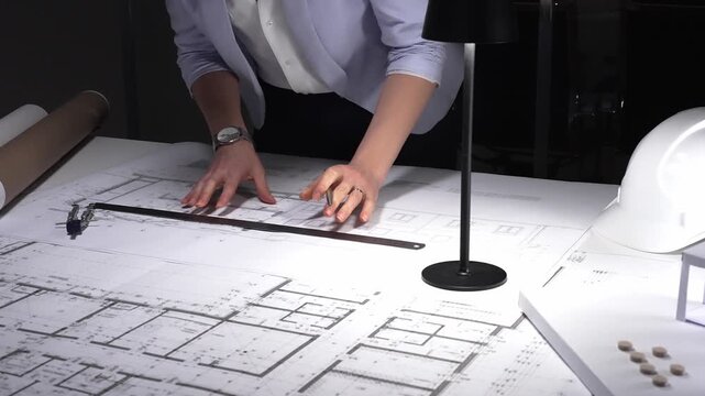 Architect developing blueprint for construction project, drafting building plan using ruler on desk with safety hard hat. Business and architect people concept