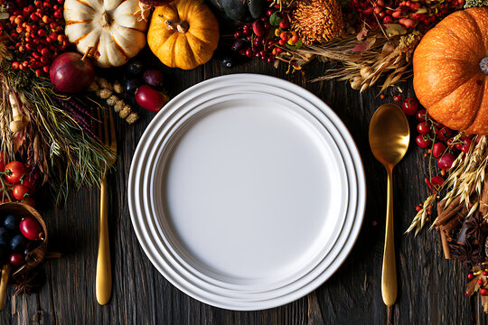 Thanksgiving table setting with empty plate and seasonal decorations on a wooden surface