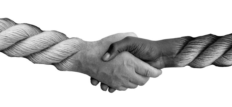 Two hands meet in a handshake against a transparent background. One hand is light-colored, and the other hand is dark-colored. There is a rope running parallel to the handshake.