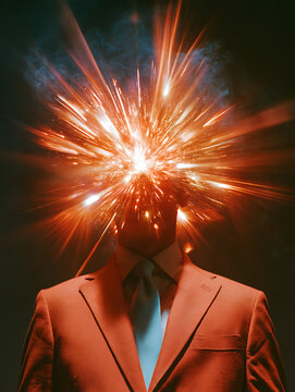 A terracotta-colored suit with a light blue tie, featuring an exploding supernova head