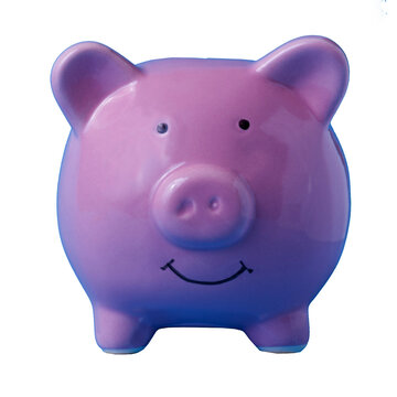A piggy bank stands on a transparent background showing a simple design with a smiling face. This object is used for saving coins and encourages financial habits.