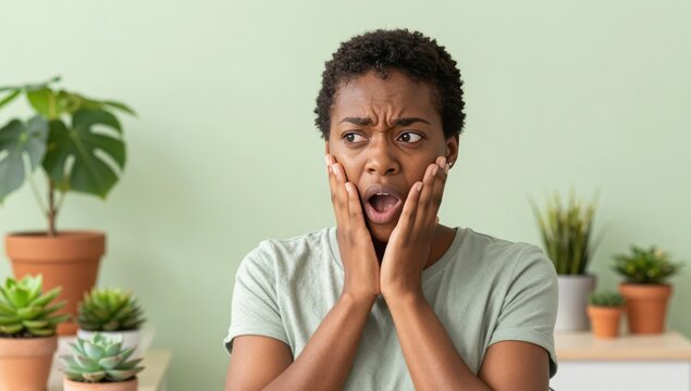 Young African American Woman with Shocked Facial Expression and Wide Eyes Looking Sideways While Holding Her Face in Disbelief in a Bright Modern Home Setting