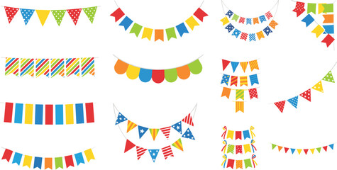 Fototapeta premium Colorful Party Bunting and Pennant Banner Collection with Festive Flags, Garlands, Streamers and Decorative Celebration Elements