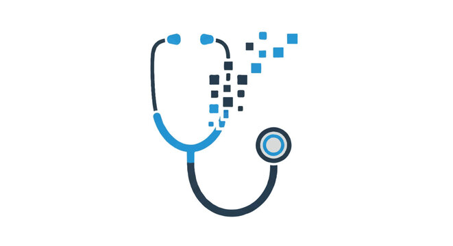 A stethoscope head where the tubing transforms into a series of square data blocks, representing the digitization of physical exams, clean white background, vibrant blue and charcoal, minimalist