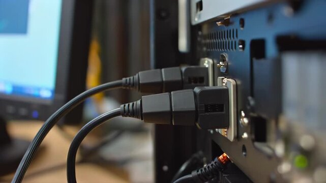Technician connecting macro close-up cables before system maintenance, supporting IT repair, hardware service, network setup, server diagnostics, equipment installation, and tech support media.