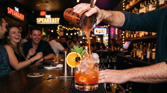 A cocktail being poured into a glass with ice and garnish