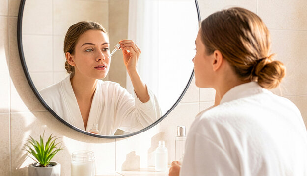 Young woman applying facial serum with dropper in bathroom mirror