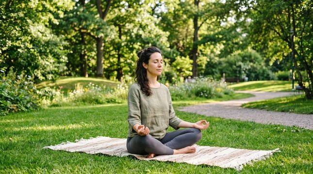 A person meditating peacefully on a yoga mat in a serene green park