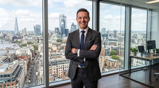 Successful Wealth Manager with Arms Folded Standing by City View Window