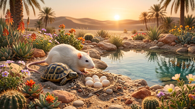 White rat and turtle with eggs in a nest near desert oasis water pond at sunset