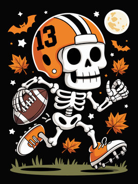 Cute skeleton football player number 13 Halloween sports graphic