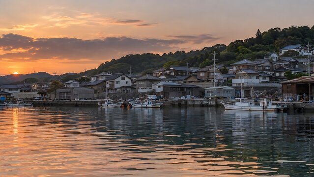 Fishing village with boats and hillside houses at sunset seen from the sea in Japan