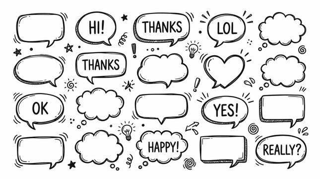 Hand-drawn speech bubbles with popular social media slang and text.