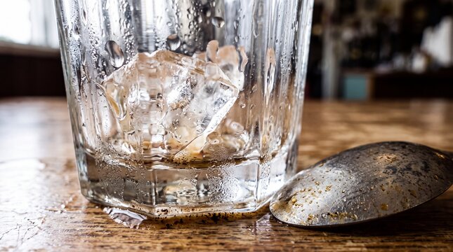 Close up of a condensation covered glass with ice cubes and a used spoon on a wooden table
