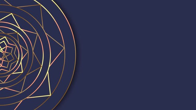 Golden mandala ornament background seamless loop animation with left ornament rotating and right placeholder copy space on blue background. 4K animated for background, title, and motion graphics.