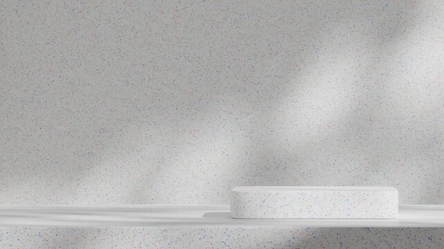 blank mockup white top rectangle podium of with seamless loop shadow animation colourful terrazzo wall, rendering 3d footage