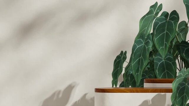 wood grain texture podium seamless loop shadow animation with beige wall and green anthurium, 3d video rendering scene template