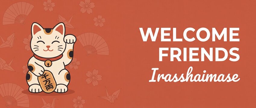 Maneki neko Japanese lucky cat banner vector illustration with welcome text Irasshaimase for restaurant hospitality design background with cherry blossom sakura origami crane fan tradition