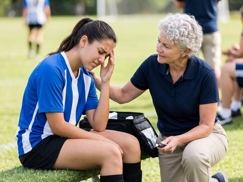Athletic trainer examining a young female player for concussion symptoms