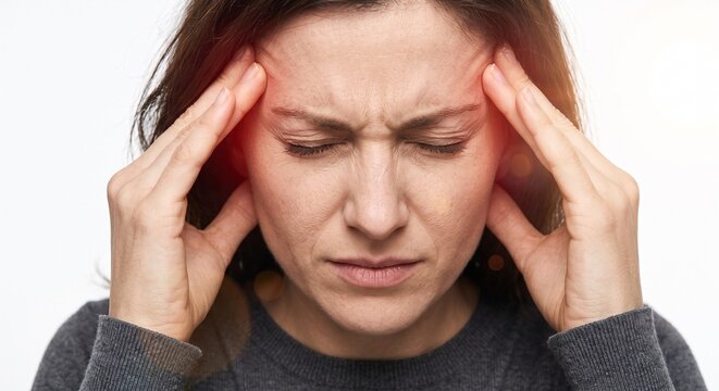 Woman suffering from severe headache, migraine, or concussion symptoms holding her head in pain