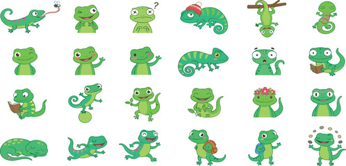 Fototapeta premium Cute Kawaii Gecko and Lizard Sticker Set Featuring Smiling Chameleon Emoji Characters with Various Funny Expressions, Poses, and Emotions for Childish Reptile Graphic Designs