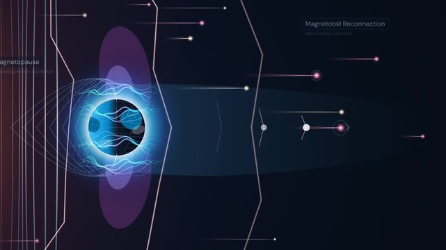 Earth magnetosphere simulation showing magnetopause and magnetotail reconnection protecting the planet from solar winds through anomalous flux compression and kinetic energy expansion